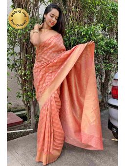 Isadora Life - Peach Woven Pre-Draped Saree with Unstitched Blouse