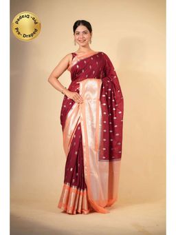 Isadora Life - Red Woven Pre-Draped Saree with Unstitched Blouse