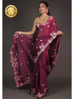 Isadora Life - Maroon Embroidered Pre-Draped Saree with Unstitched Blouse