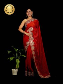 Isadora Life - Red Embroidered Pre-Draped Saree with Unstitched Blouse