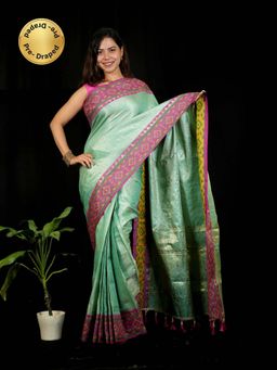 Isadora Life - Green Self Design Pre-Draped Saree with Unstitched Blouse