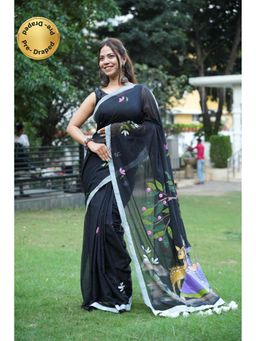 Isadora Life - Black Floral Pre-Draped Saree with Unstitched Blouse