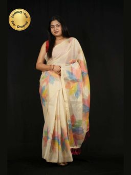 Isadora Life - Beige Floral Pre-Draped Saree with Unstitched Blouse