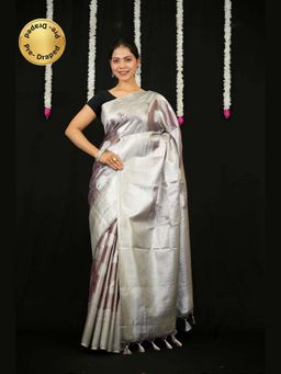 Isadora Life - Silver Woven Pre-Draped Saree with Unstitched Blouse