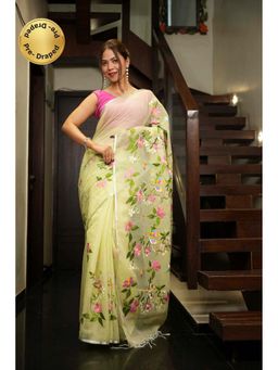 Isadora Life - Green Floral Pre-Draped Saree with Unstitched Blouse