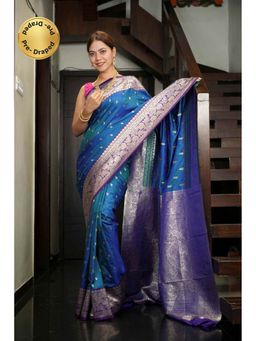 Isadora Life - Blue Floral Pre-Draped Saree with Unstitched Blouse