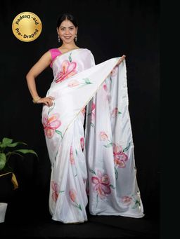 Isadora Life - White Floral Pre-Draped Saree with Unstitched Blouse