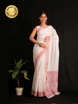 Isadora Life - White Floral Pre-Draped Saree with Unstitched Blouse