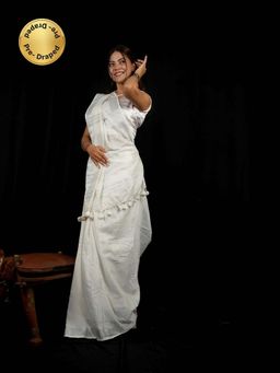 Isadora Life - White Solid Pre-Draped Saree with Unstitched Blouse