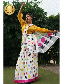 Isadora Life - White Polka Dots Pre-Draped Saree with Unstitched Blouse