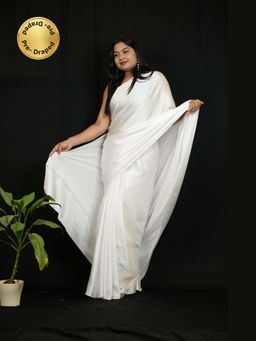 Isadora Life - White Solid Pre-Draped Saree with Unstitched Blouse