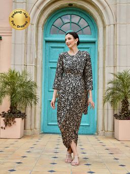 Karaj Jaipur - Black Gazi Silk Pre-draped Saree with Stitched