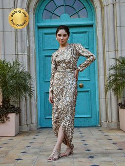 Karaj Jaipur - Wood Brown Gazi Silk Pre-draped Saree with Stitched