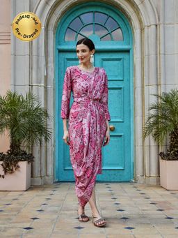 Karaj Jaipur - Rouge Pink Muslin Pre-draped Saree with Stitched