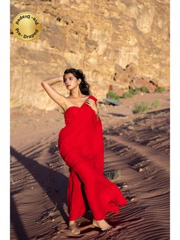 Label Shaurya Sanadhya - Red Ready to Wear Saree with Stitched Blouse