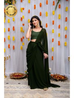 Label Shaurya Sanadhya - Mehandi Green Pre-Drape Saree with Stitched Blouse with Stitched