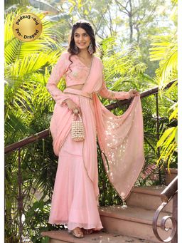 Label Aditi Hundia - Mahira Pink Pre-Draped Saree with Belt and Stitched Blouse
