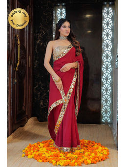LABEL MAE - Cherry Red Mirror Detailing Pre-Drape Saree with Stitched Blouse