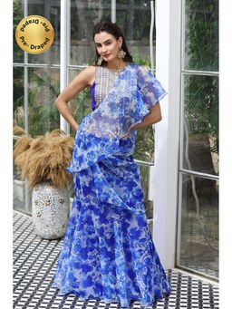 MABISH LUXE - Blue Exotic Hydrangea Drape Saree with Stitched Blouse