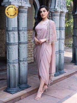 MABISH LUXE - Womens Pre-Draped Saree with Stitched Blouse and Cape- Pink