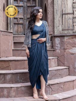 MABISH LUXE - Womens Pre-Draped Saree with Stitched BLouse and Cape- Teal