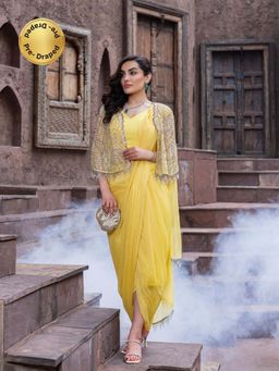 MABISH LUXE - Womens Pre-Draped Saree with Stitched BLouse and Cape- Yellow