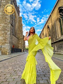 MONK & MEI - Issh Green-Sharara Fusion Saree With Stitched Blouse