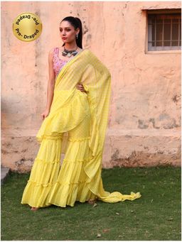 MONK & MEI - Issh Yellow-Sharara Fusion Saree With Stitched Blouse