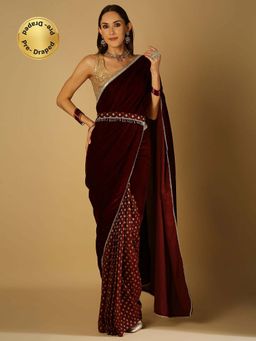 MONK & MEI - Sultana-Saree With Stitched Blouse And Belt- Maroon