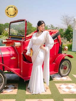 MONK & MEI - Madhubala Chikankari Fishcut Saree with Belt & Stitched Blouse- White (Set of 3)