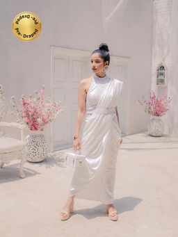 MONK & MEI - Karishma Chikankari Dhoti Saree with Stitched Blouse & Belt- White (Set of 3)