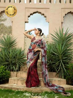 MONK & MEI - Maroon Sanam Saree with Stitched Blouse