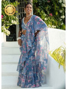MONK & MEI - Dandelion Blue Pre-Draped Saree with Stitched Blouse