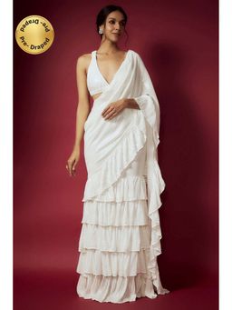 PHATAKAA - White Sequin Pre Draped Ruffle Saree With Sequin Blouse