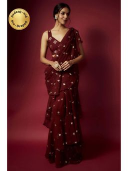 PHATAKAA - Maroon Sequin Pre Draped Saree with Stitched Blouse