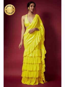 PHATAKAA - Yellow Sequin Pre Draped Ruffle Saree With Sequin Blouse