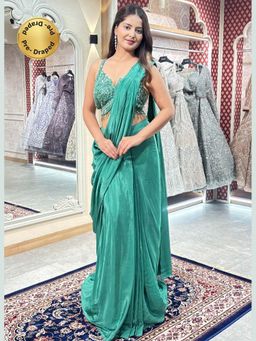 Sindh Fashion - Green Satin Ethnic Motifs Pre-Draped Saree with Stitched Blouse