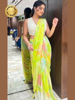 Sindh Fashion - Green Semi Crepe Printed Pre-Draped Saree with Stitched Blouse