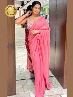 Sindh Fashion - Pink Embellished Pre-Draped Saree with Stitched Blouse