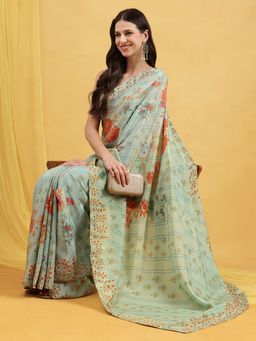 Navyasa By Liva - Blue Liva Tissue Floral Print Saree with Unstitched Blouse