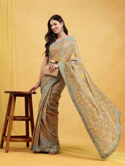 Navyasa By Liva - Olive(Green) Liva Tissue Floral Print Saree with Unstitched Blouse