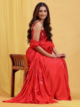 Navyasa By Liva - Orange Liva Crepe Foil Print Saree with Unstitched Blouse