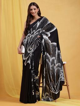 Navyasa By Liva - Black Liva Crepe Foil Print Saree with Unstitched Blouse