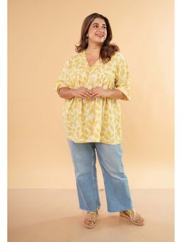 The Indian Ethnic Co. - Purvi Yellow Hand Block Print Slub Cotton A Line Short Top