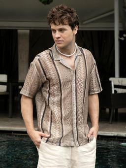 Campus Sutra - Men Sand Beige Striped Knit Oversized Shirt