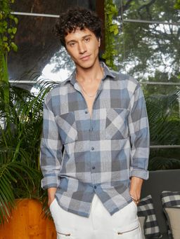 Campus Sutra - Men Icy Blue and Ash Grey Checkered Utility Shacket