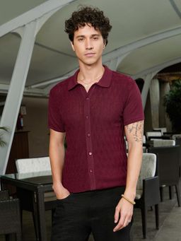 Campus Sutra - Men Burgundy Red Argyle-Knit Slim-Fit Shirt