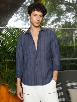 Campus Sutra - Men Lapis Blue Contrast-Weave Relaxed Shirt