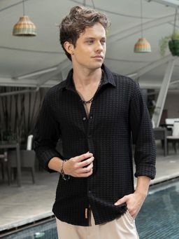 Campus Sutra - Men Onyx Black Embossed-Textured Shirt