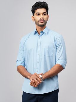 Greenfibre - Light Blue Cotton Printed Semi Casual Shirt - Regular Fit